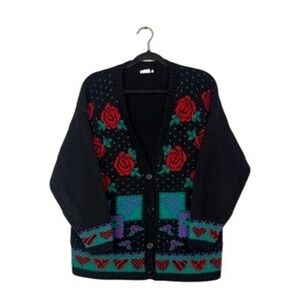 Cuddle Knit Women's Vintage 1990s Cozy Black Purple Red Teal Rose Heart Cardigan